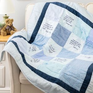 Comfort in the Word Embroidered Scripture Baby Blanket Quilt Blue Floral Patch